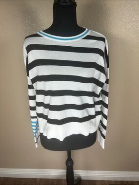 Planet by Lauren G One Size Black & White Striped Knit Sweater Top Blue Trim